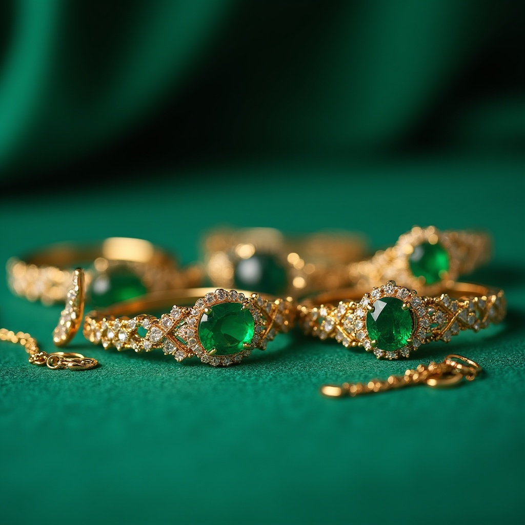 Gold rings with green stones on a cloth Gold rings with green stones on a cloth