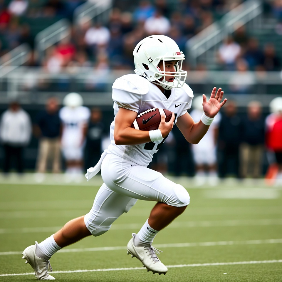 Young player runs with football during game Young player runs with football during game