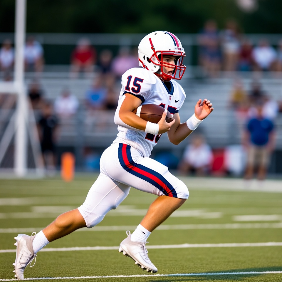 Young athlete runs with football during game Young athlete runs with football during game