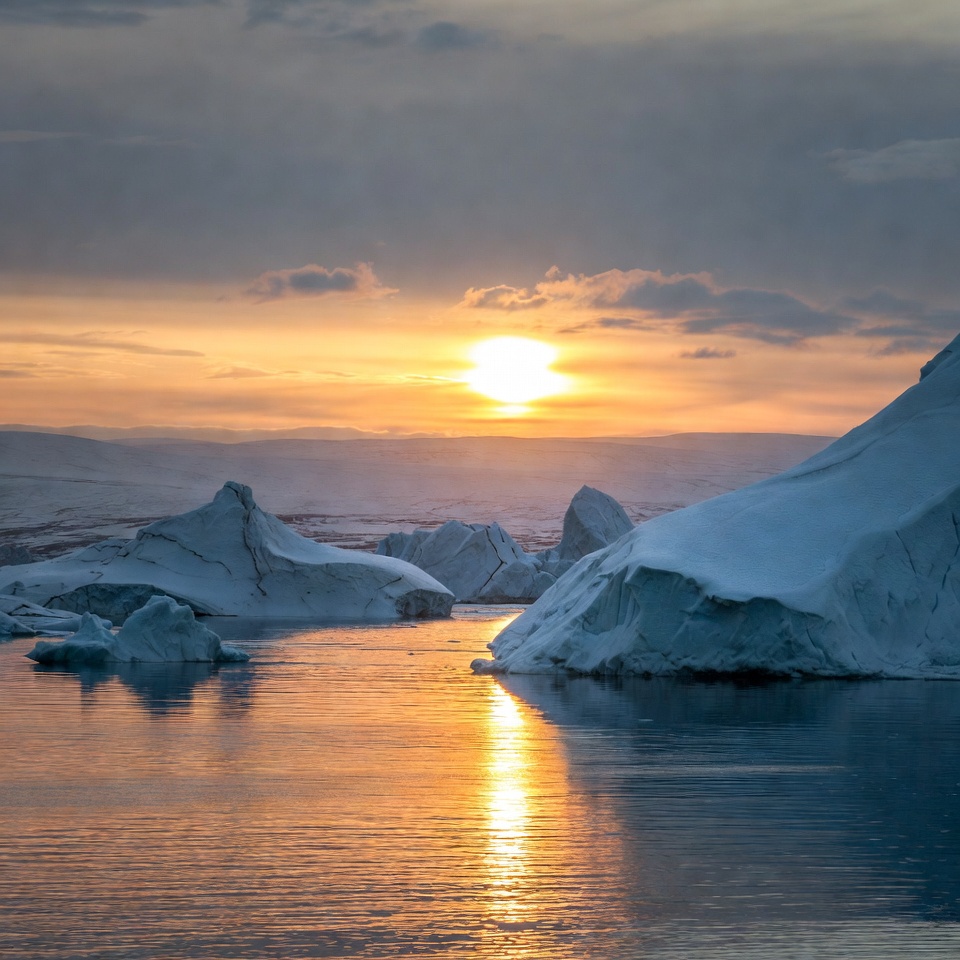 Sunset over icebergs in calm waters Sunset over icebergs in calm waters