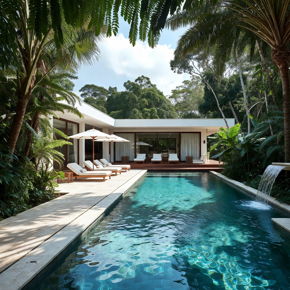 Modern pool area in tropical setting Modern pool area in tropical setting