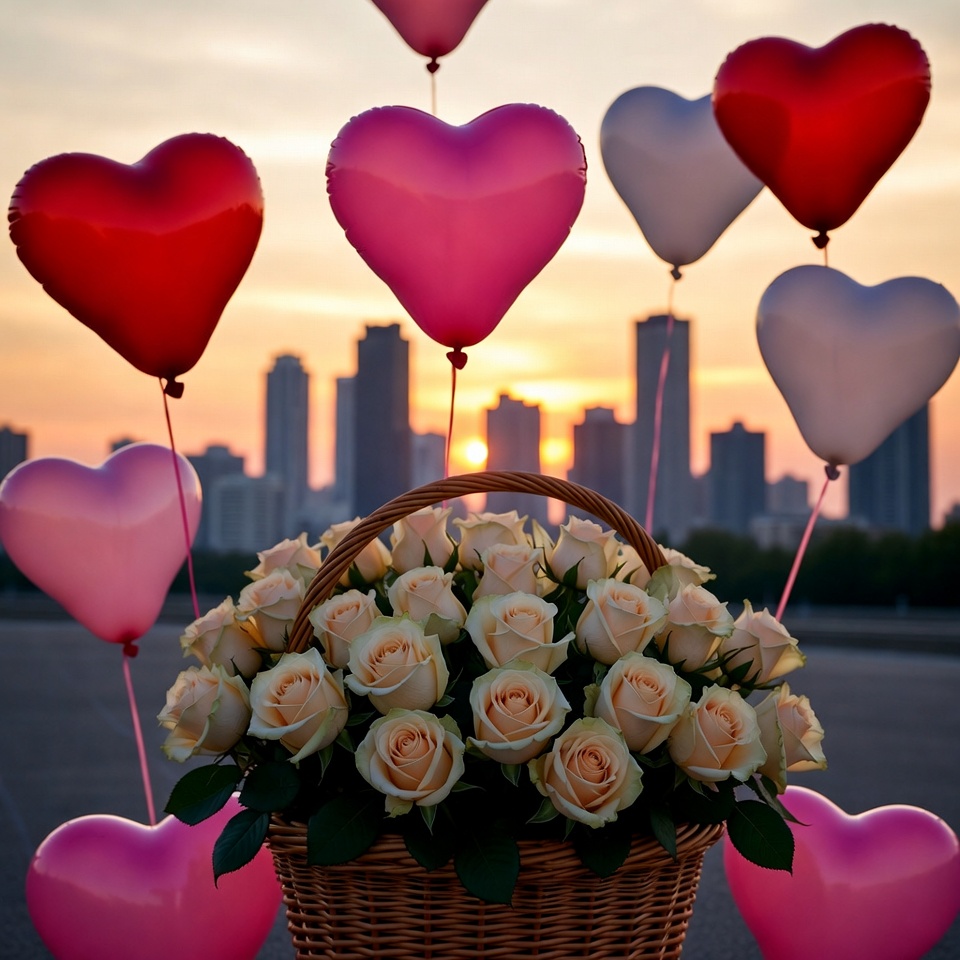 Heart balloons and roses at sunset Heart balloons and roses at sunset