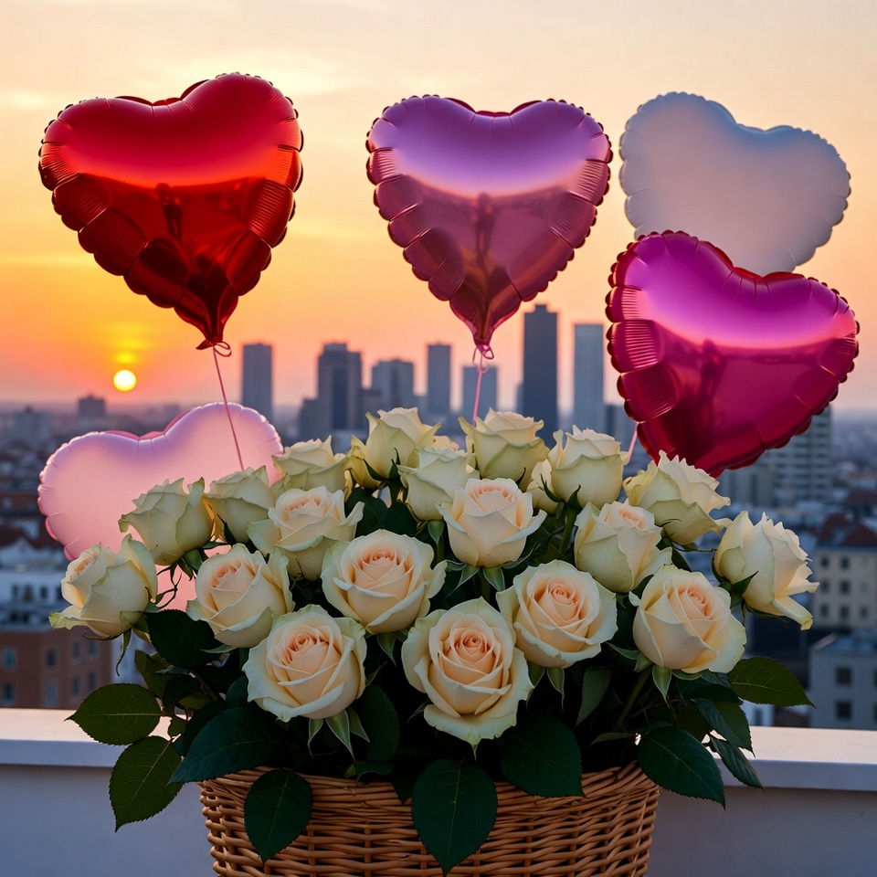 Heart-shaped balloons and roses at sunset Heart-shaped balloons and roses at sunset