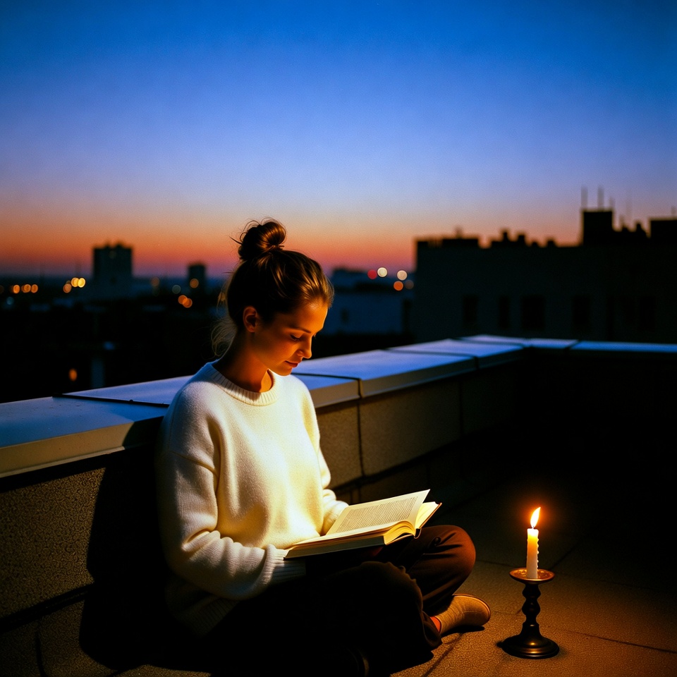 Reading on the rooftop at dusk Reading on the rooftop at dusk