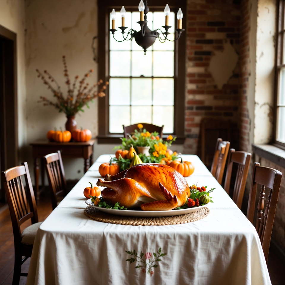 Thanksgiving dinner table setting with turkey Thanksgiving dinner table setting with turkey