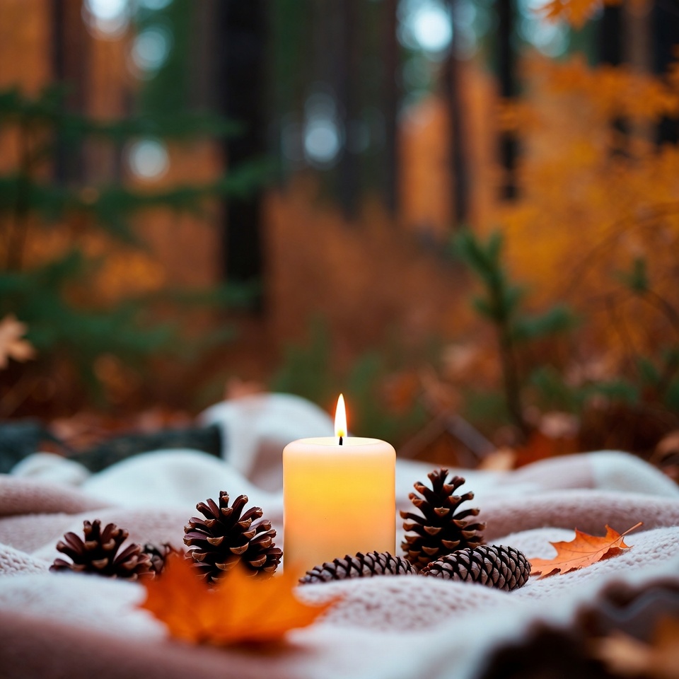 Candle and pinecones in autumn woods Candle and pinecones in autumn woods