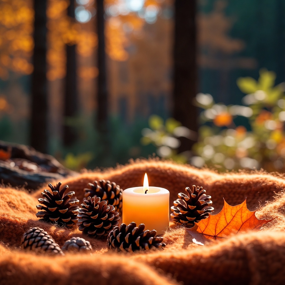 Candle and pinecones in forest Candle and pinecones in forest