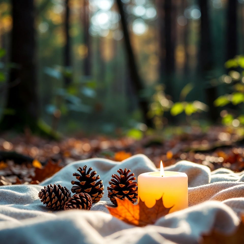 Candle and pinecones in forest Candle and pinecones in forest