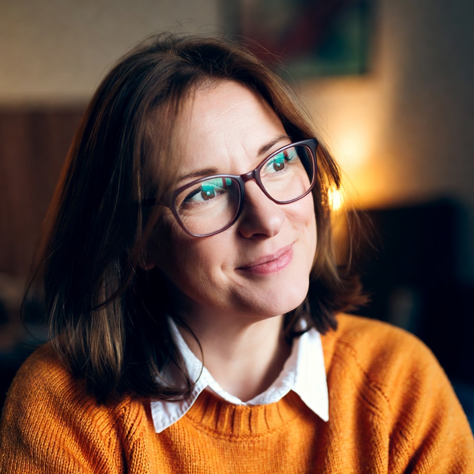 Woman smiling indoors in cozy setting Woman smiling indoors in cozy setting