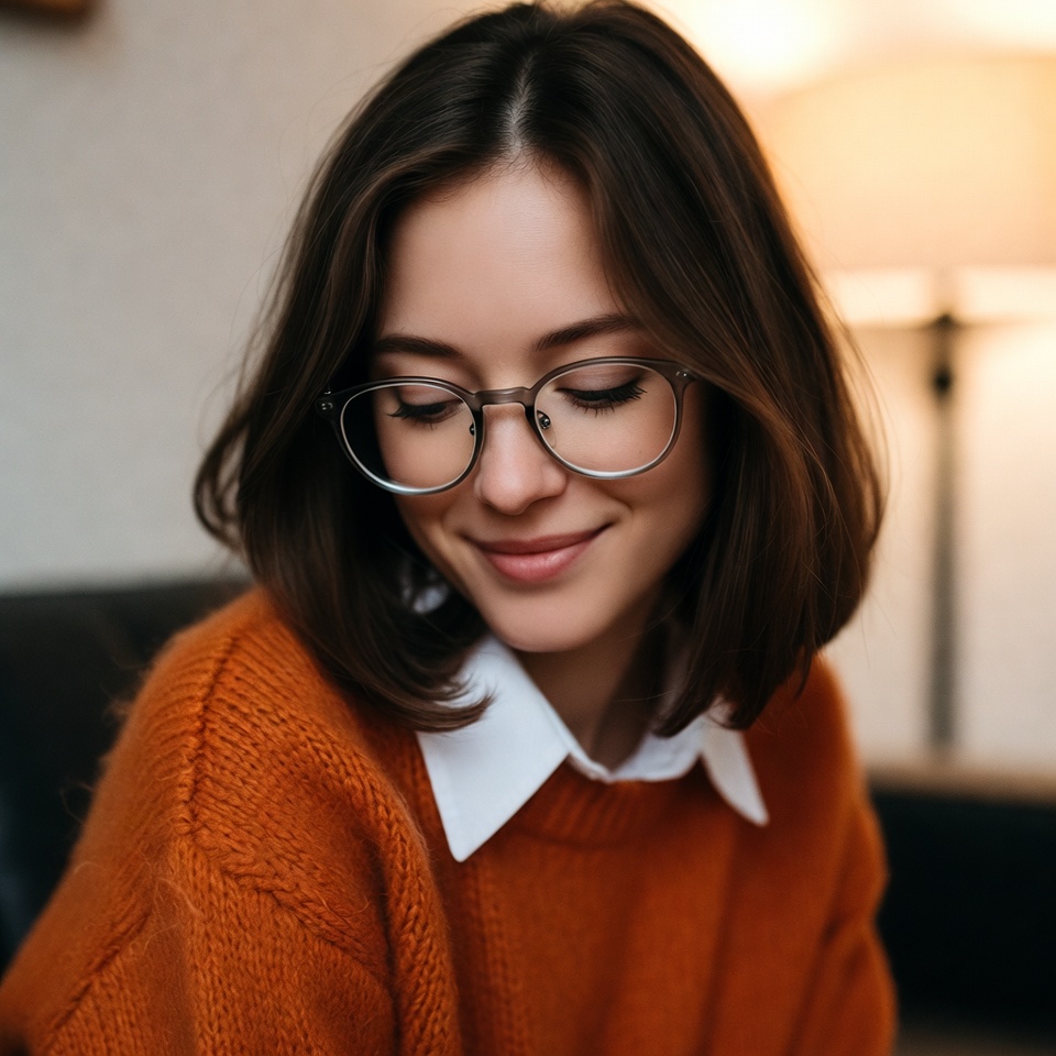 Woman smiling while wearing glasses indoors Woman smiling while wearing glasses indoors