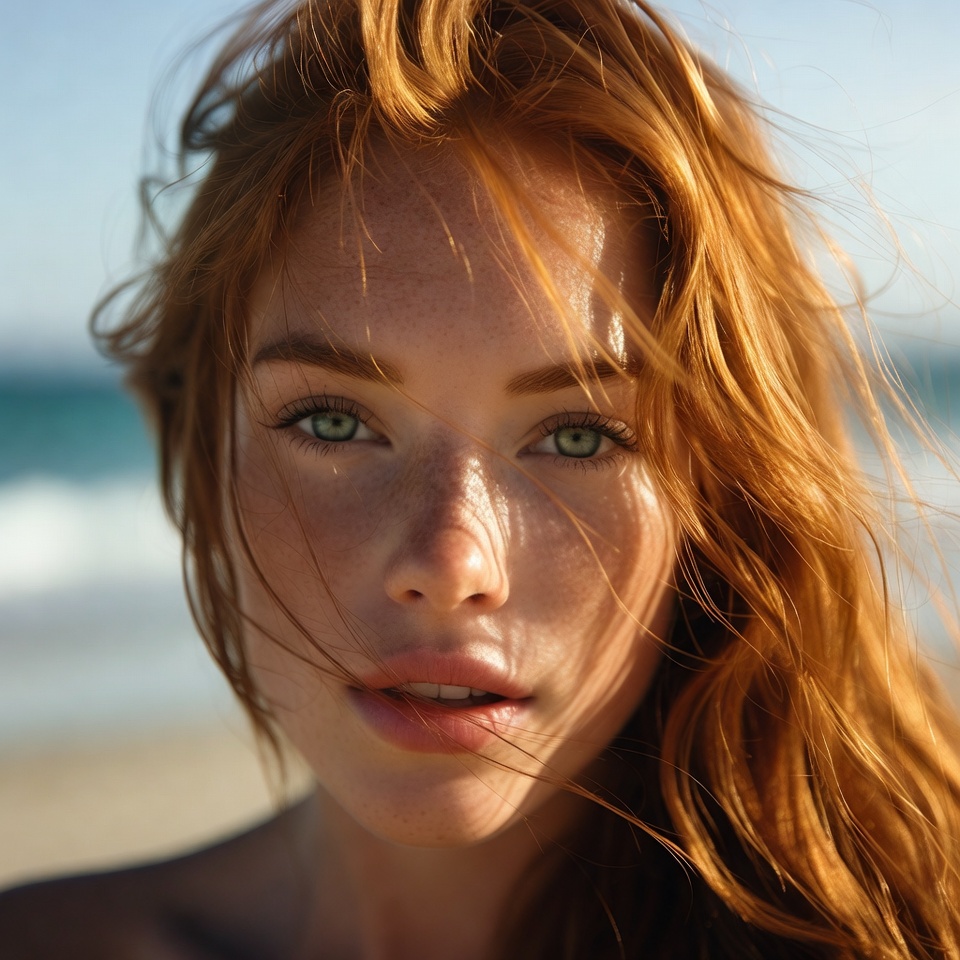 Red hair at the beach during afternoon Red hair at the beach during afternoon