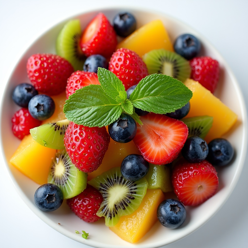 Fresh fruit bowl with mint garnish for a snack Fresh fruit bowl with mint garnish for a snack