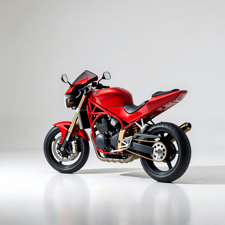 Red motorcycle on display in studio Red motorcycle on display in studio