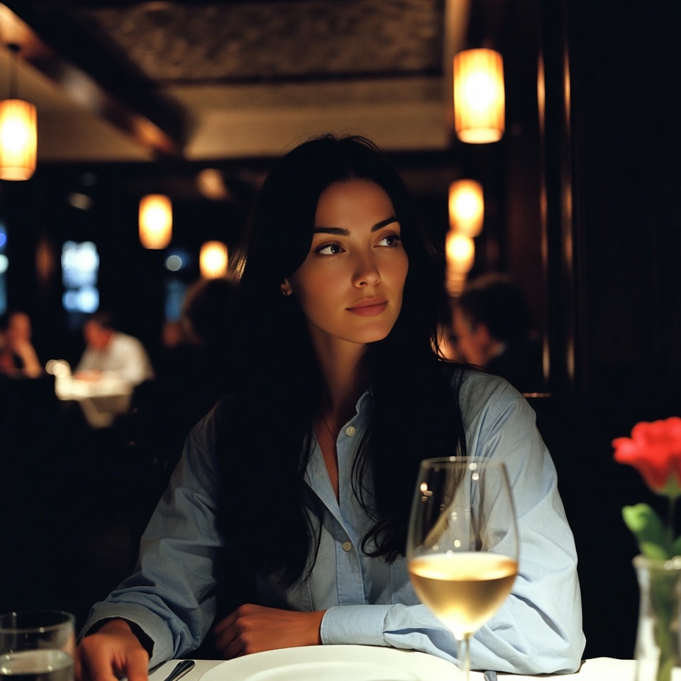 Woman dining in a restaurant at night Woman dining in a restaurant at night