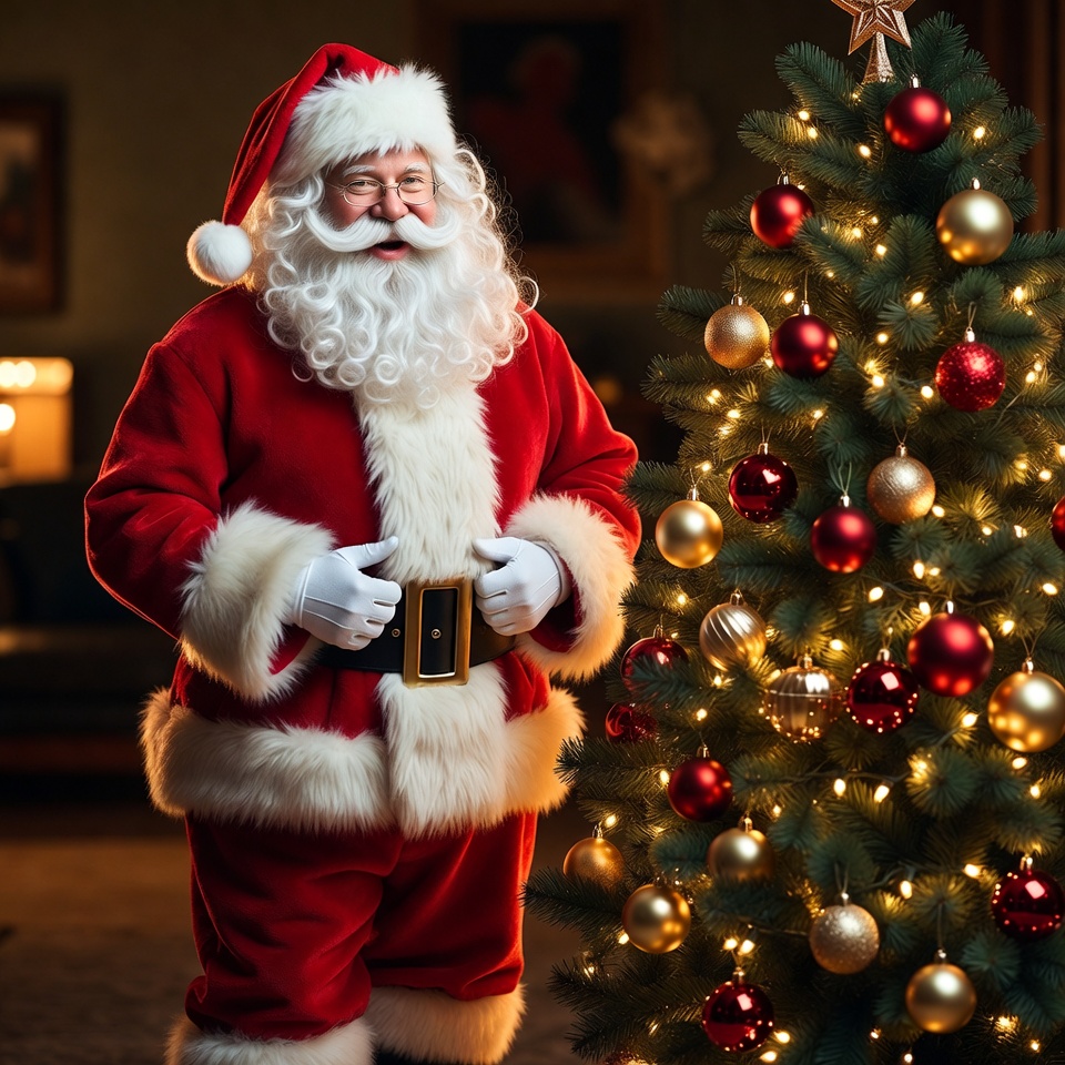 Santa claus stands by holiday tree Santa claus stands by holiday tree