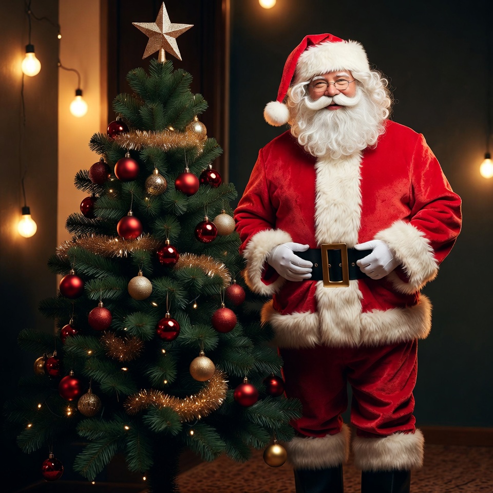 Santa with christmas tree in cozy setting Santa with christmas tree in cozy setting