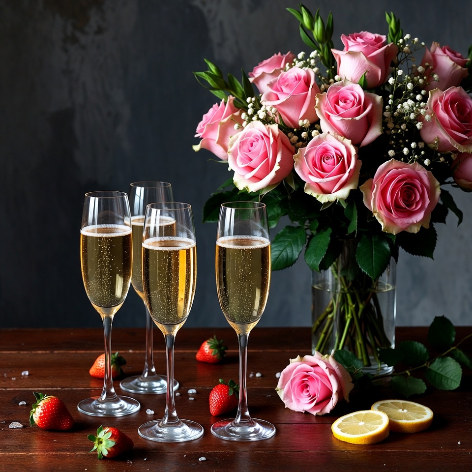 Celebration with roses and drinks Celebration with roses and drinks