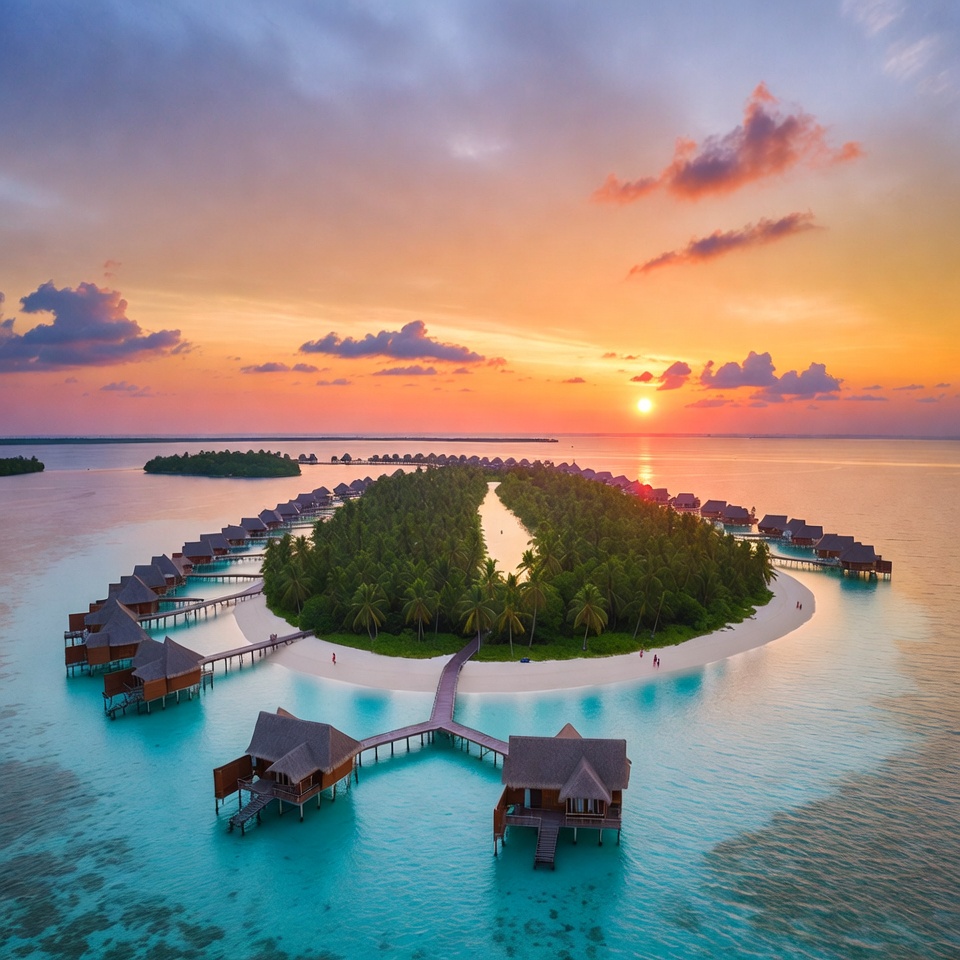 Sunset over island resort in ocean Sunset over island resort in ocean