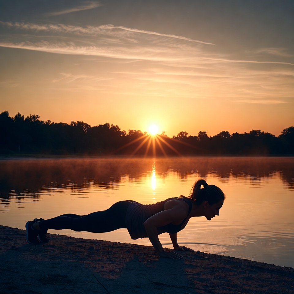 Woman exercises at sunset by water Woman exercises at sunset by water