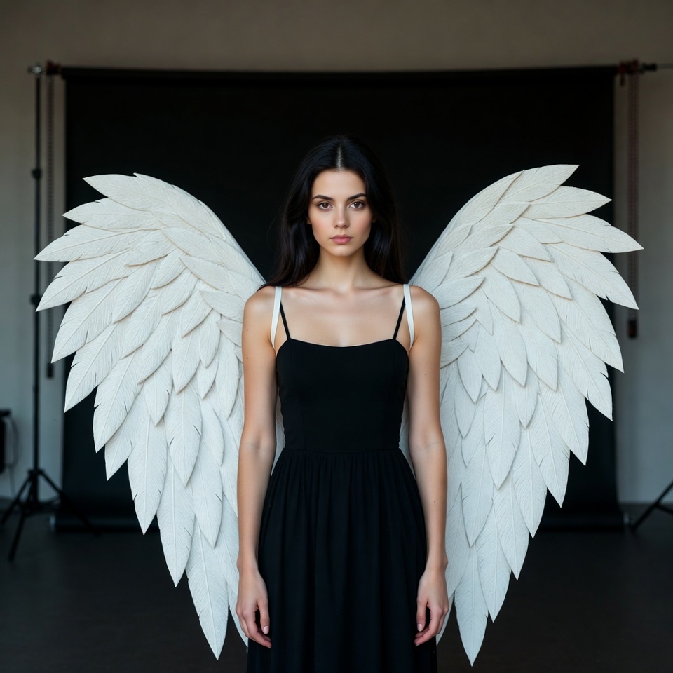 Model with wings in studio setting Model with wings in studio setting