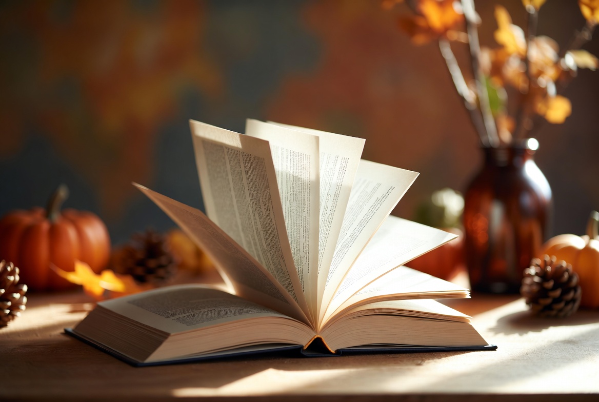 Open book with autumn decor on table Open book with autumn decor on table