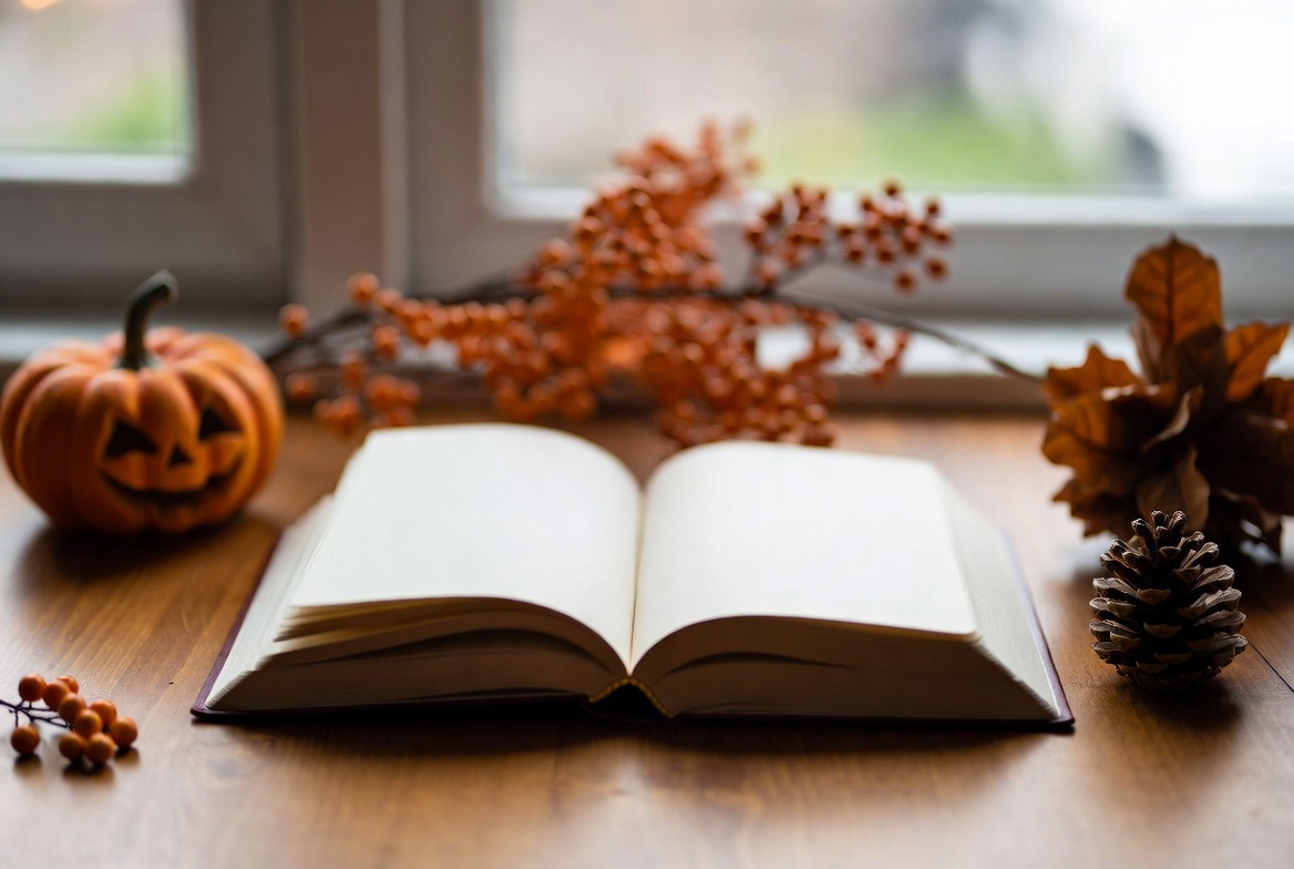 Open book on wooden table in fall setting Open book on wooden table in fall setting
