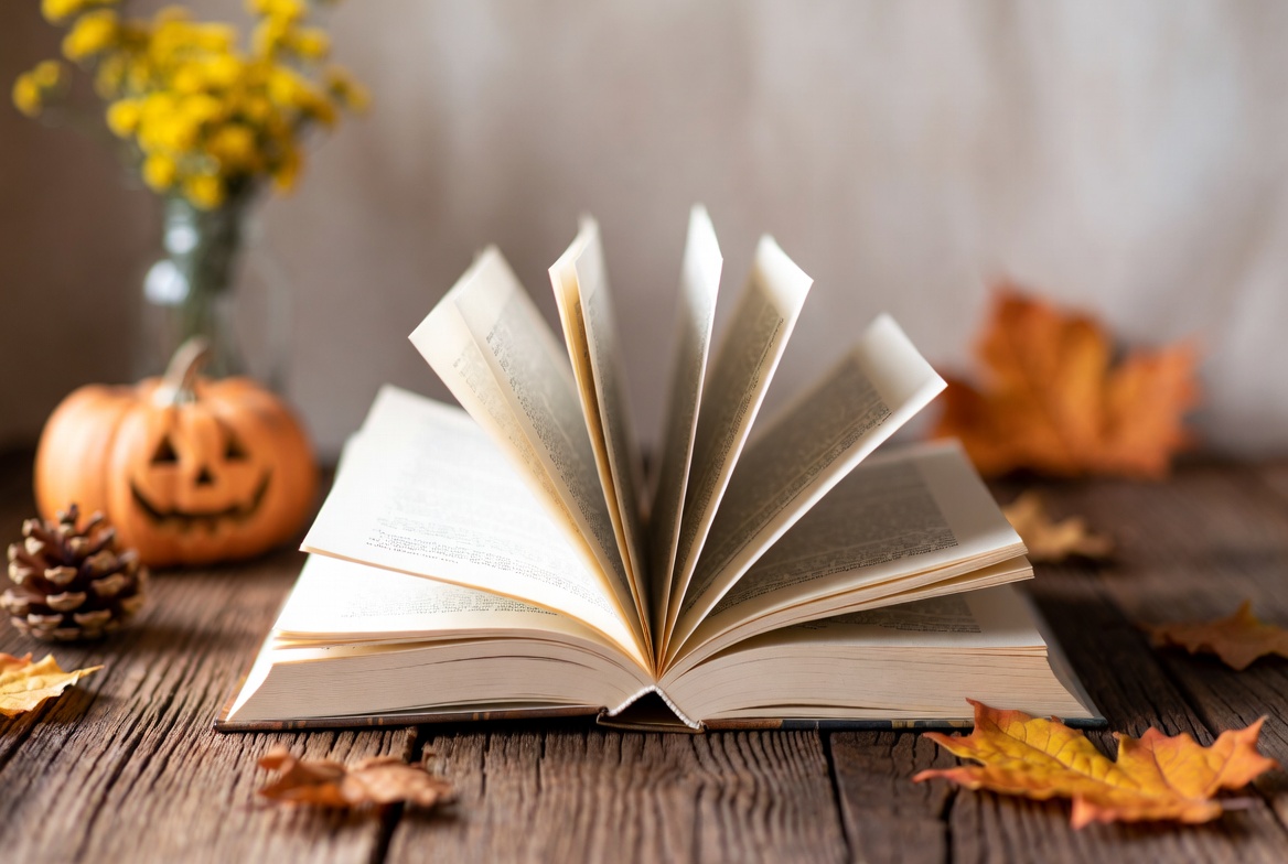 Open book on wooden table with autumn decor Open book on wooden table with autumn decor