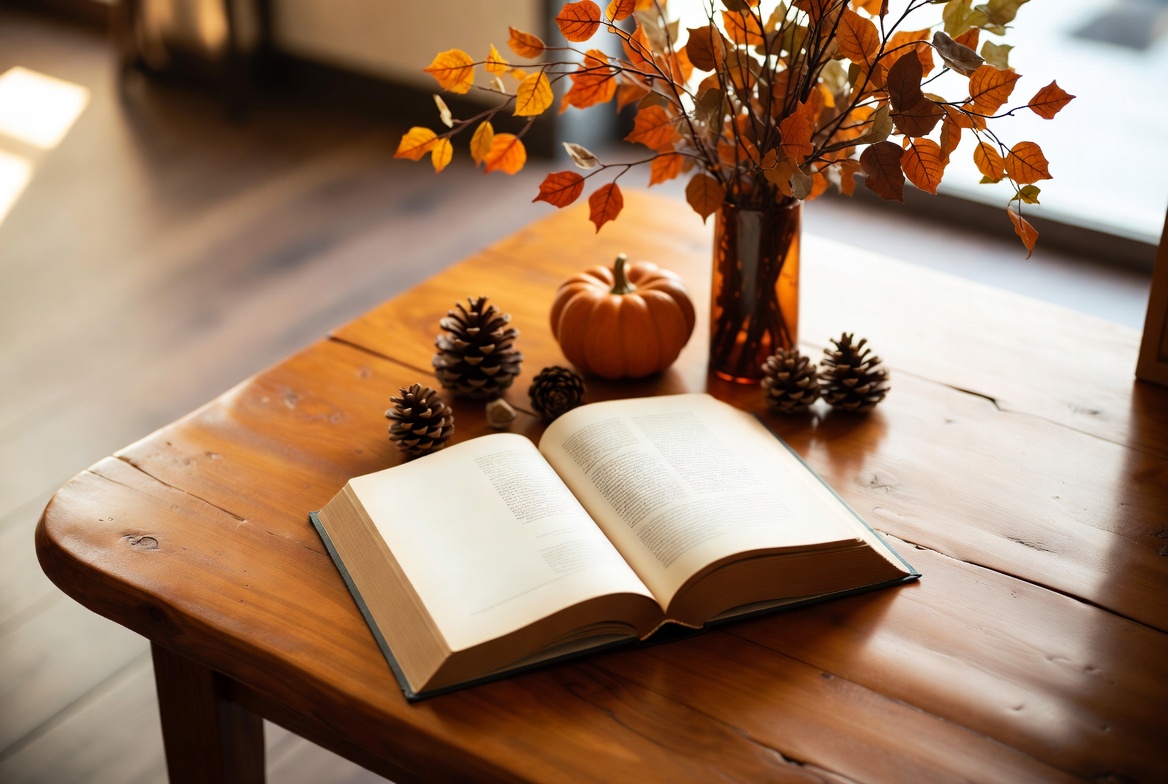 Decorated table with open book and autumn items Decorated table with open book and autumn items