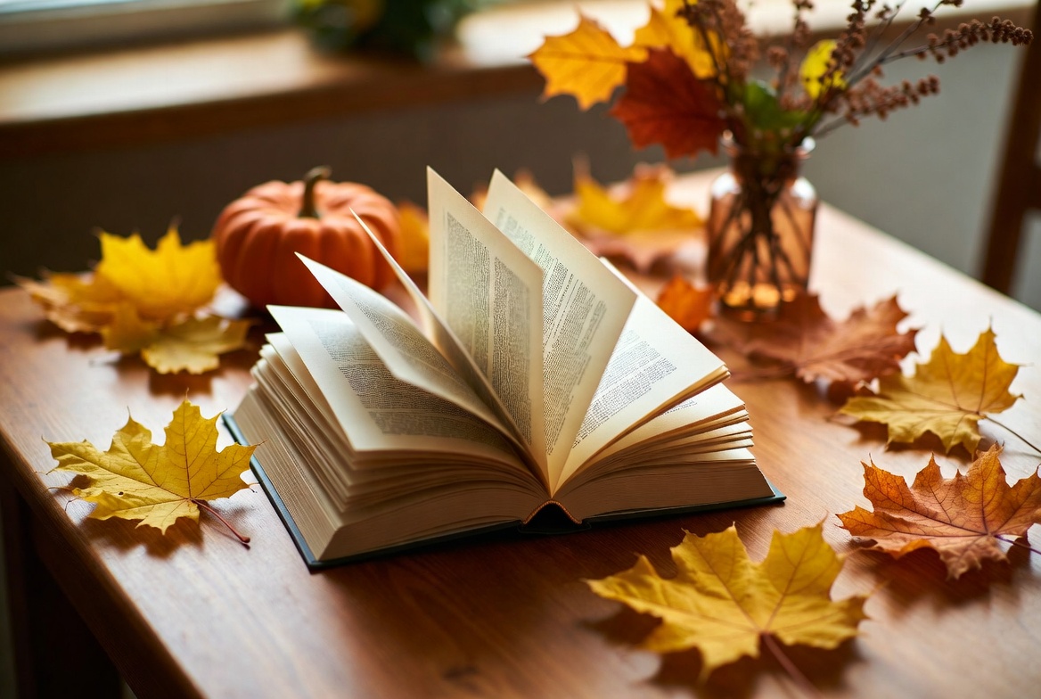 Open book on table with autumn leaves Open book on table with autumn leaves