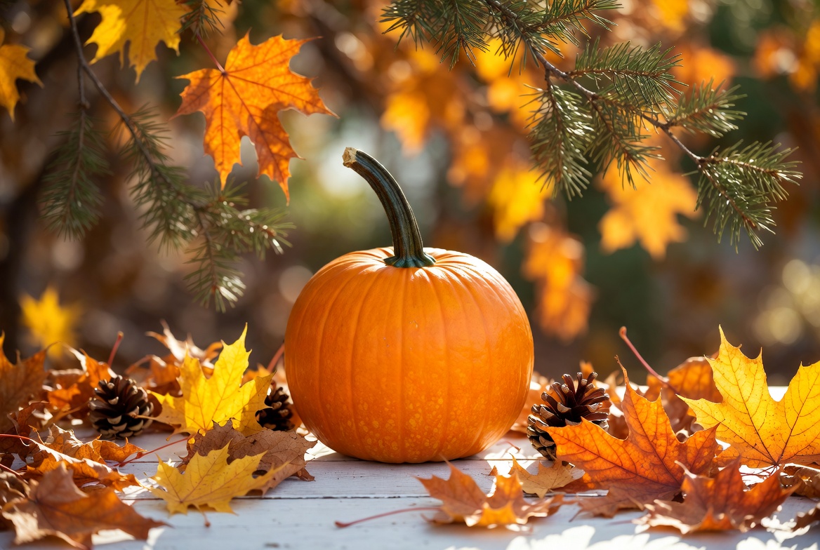 Autumn pumpkin with leaves and pinecones Autumn pumpkin with leaves and pinecones