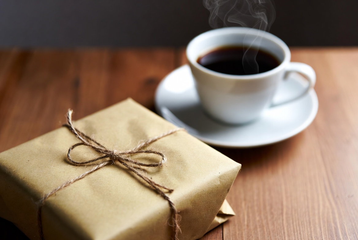 Coffee and a wrapped gift on a table Coffee and a wrapped gift on a table