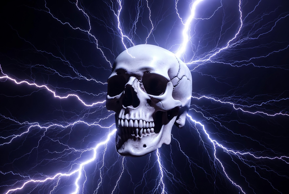 Skull with lightning bolts surrounding it Skull with lightning bolts surrounding it