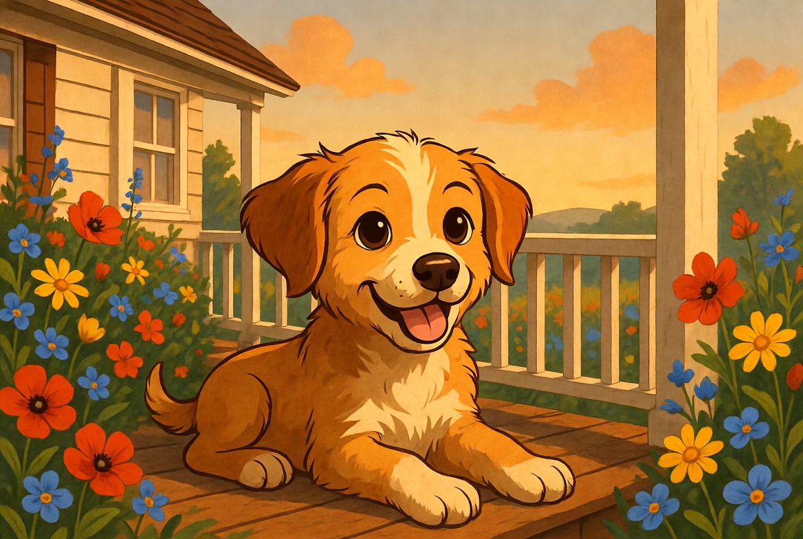 Happy dog on porch at sunset Happy dog on porch at sunset