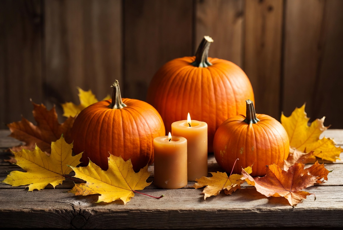 Pumpkins and candles on table Pumpkins and candles on table