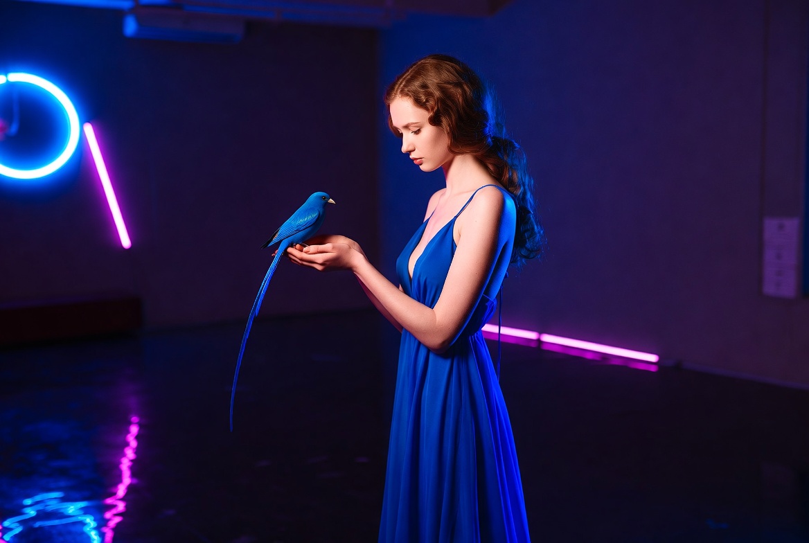 Woman holds blue bird indoors Woman holds blue bird indoors