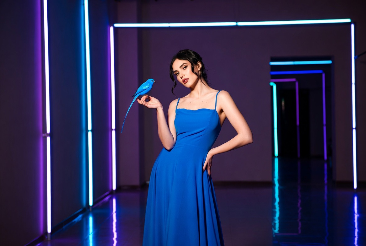 Model in blue dress with bird Model in blue dress with bird