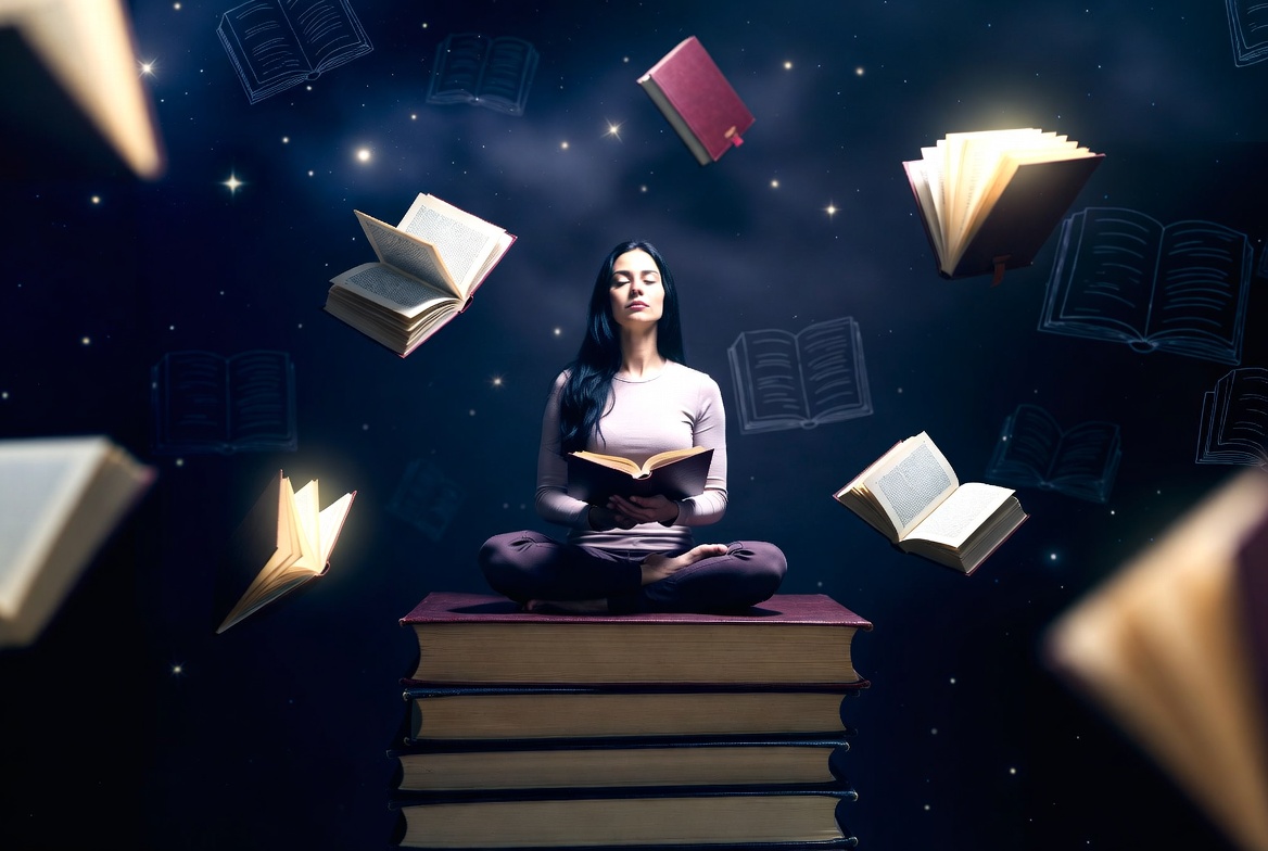 Woman reading in floating books scene Woman reading in floating books scene