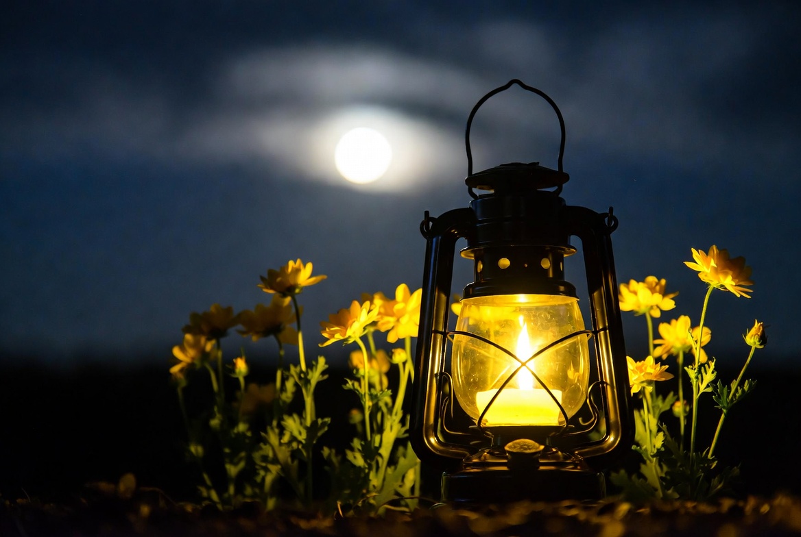 Lantern shines among flowers at night Lantern shines among flowers at night