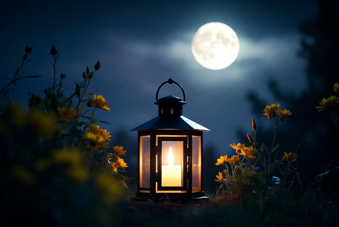 Lantern and flowers under moonlight Lantern and flowers under moonlight