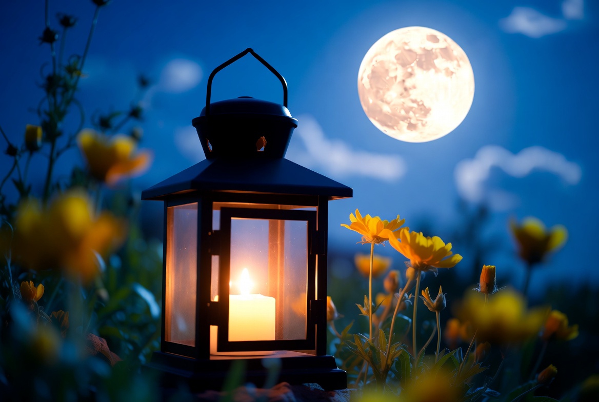 Lantern in garden under moonlight Lantern in garden under moonlight