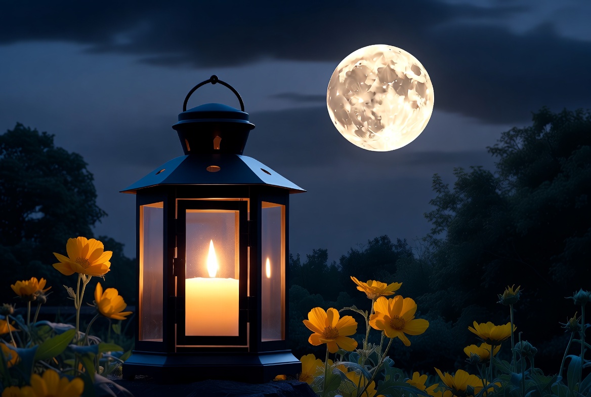 Lantern shines under full moon Lantern shines under full moon