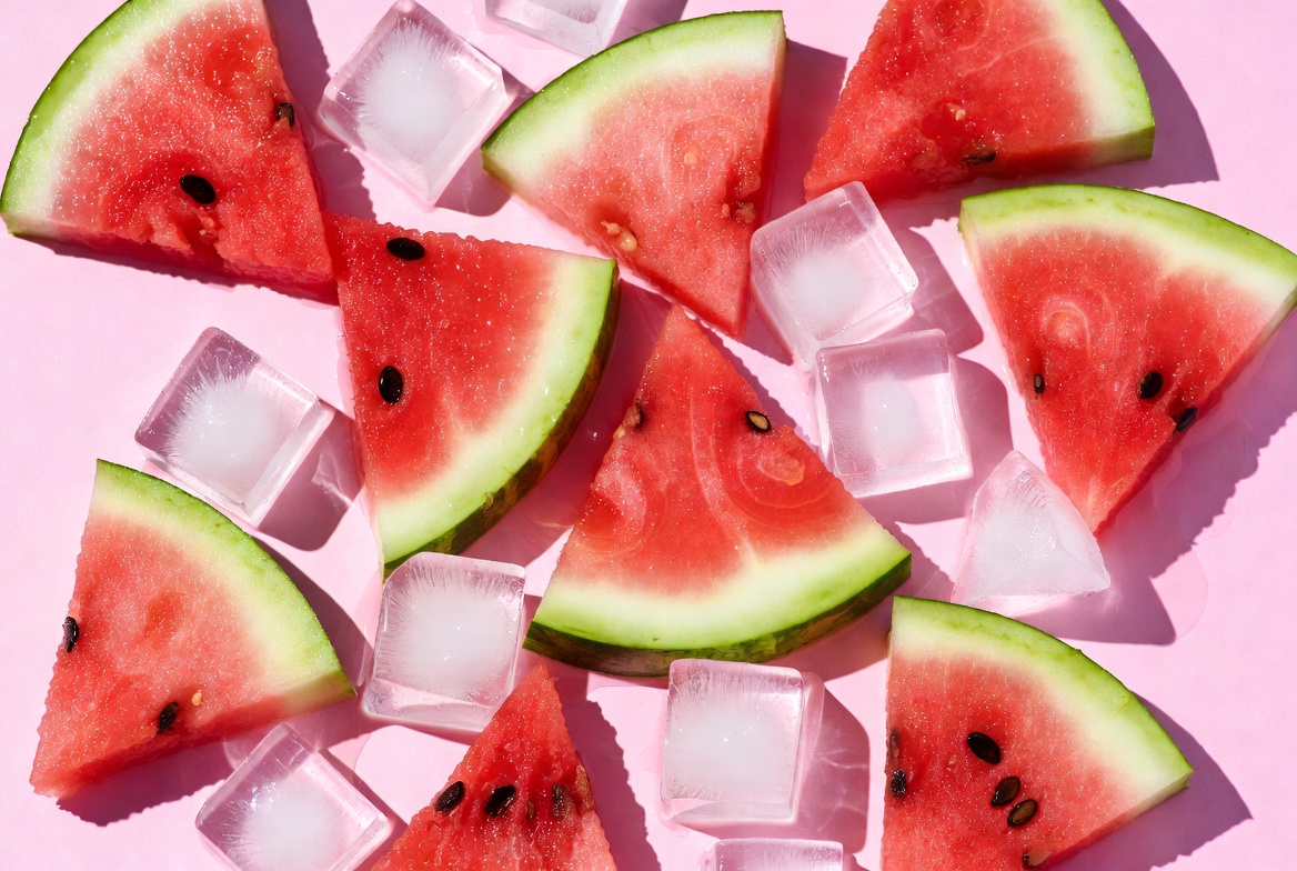 Watermelon and ice on pink surface Watermelon and ice on pink surface
