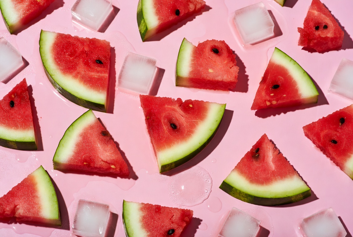 Slices of watermelon on pink surface Slices of watermelon on pink surface