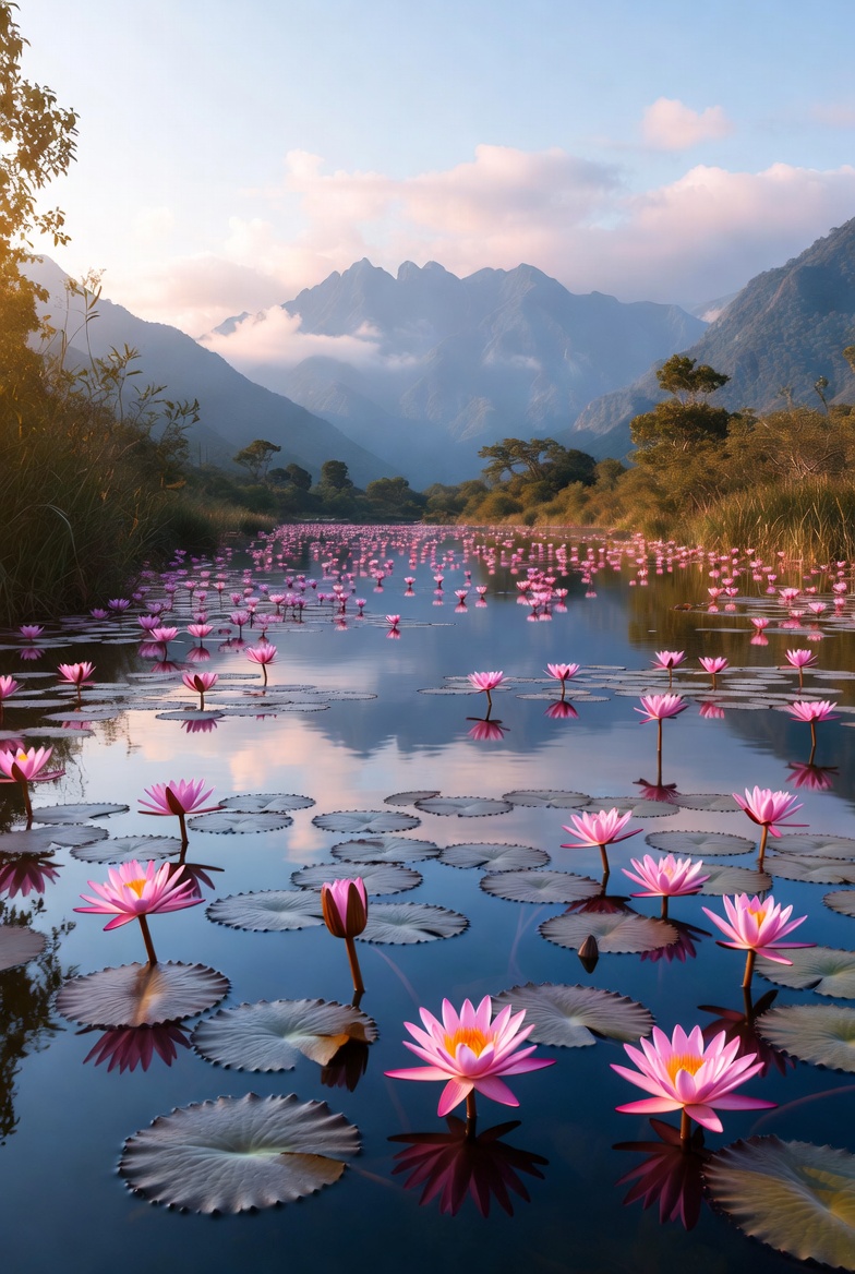 Water lilies in mountain lake at dusk Water lilies in mountain lake at dusk
