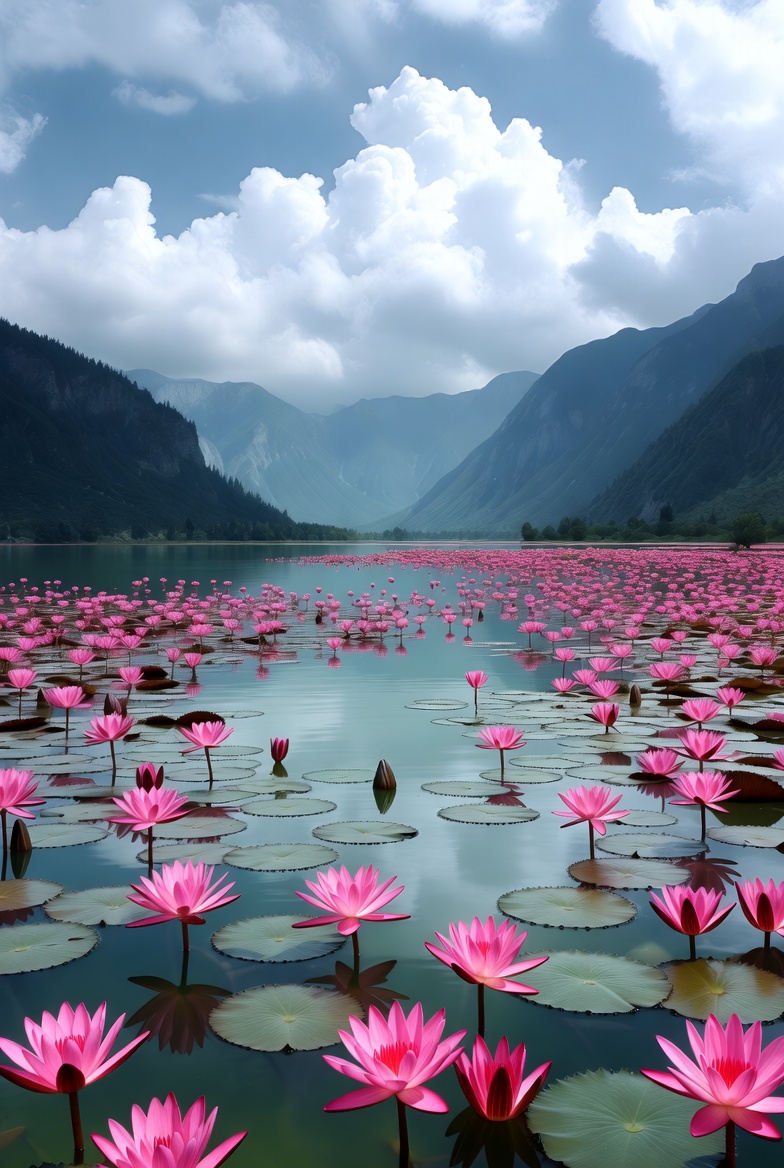 Pink lilies bloom on tranquil lake Pink lilies bloom on tranquil lake