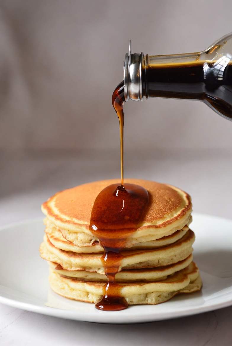 Pancakes with syrup at breakfast time Pancakes with syrup at breakfast time