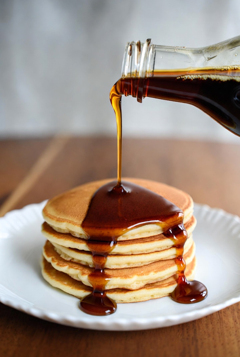 Pouring syrup on stacked pancakes Pouring syrup on stacked pancakes