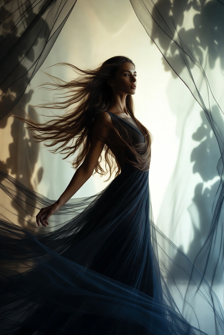 Woman in flowing dress with fabric Woman in flowing dress with fabric