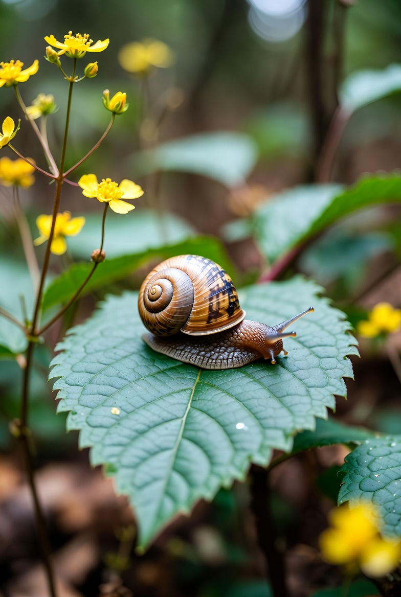 Snail resting on green leaf in forest Snail resting on green leaf in forest