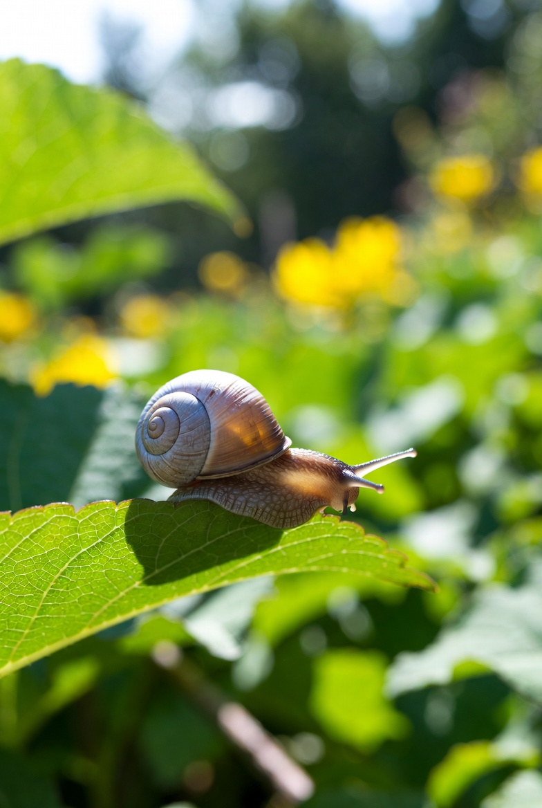 Snail moving on a leaf in sunlight Snail moving on a leaf in sunlight
